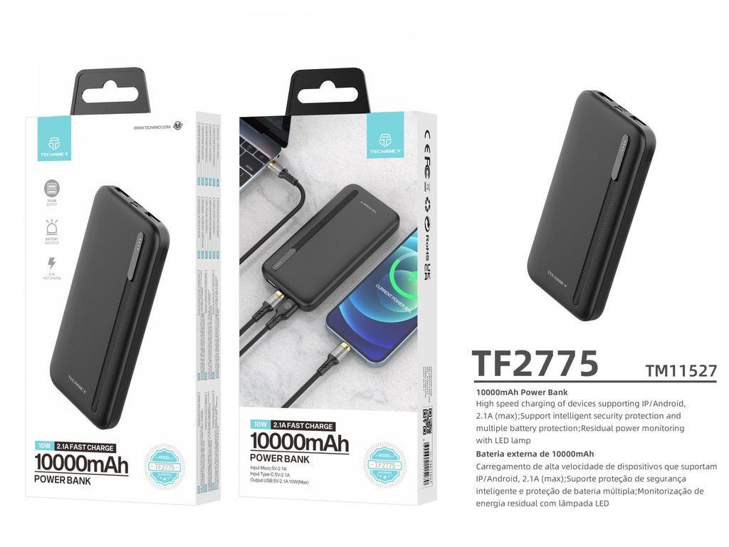 Techancy TF2775 10000mAh Power Bank – Black, 10W Fast Charging for Smartphones, Tablets & More!