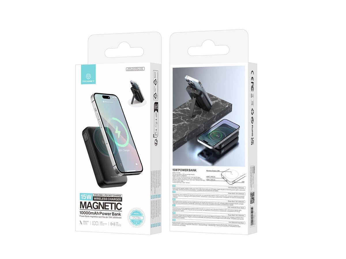 Techancy TF2786 Magnetic Power Bank 10000mAh – 15W Fast Wireless Charging, 20W PD, MagSafe Compatible, Built-in Stand, LED Display – Black