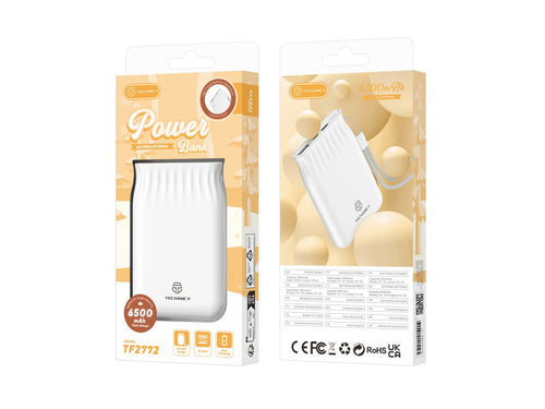 Techancy TF2772 6500mAh Power Bank – White, 2A Charging for Smartphones & Tablets, Portable Power Supply