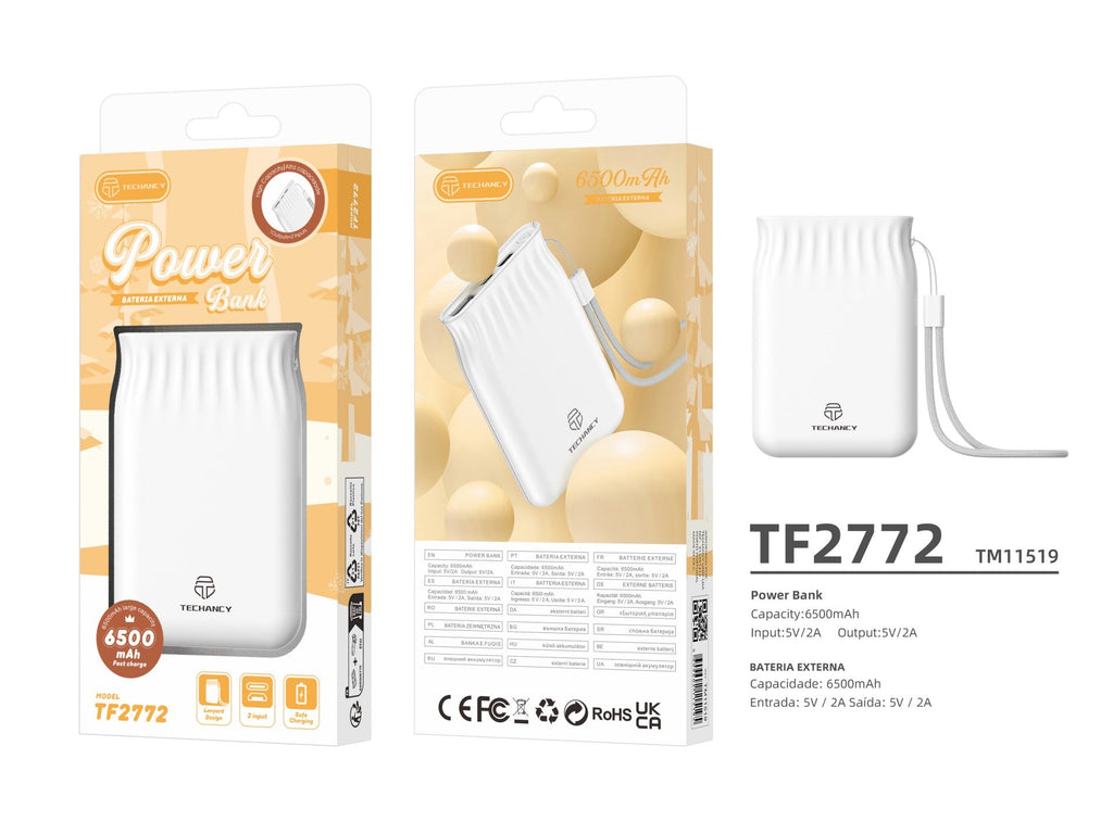 Techancy TF2772 6500mAh Power Bank – White, 2A Charging for Smartphones & Tablets, Portable Power Supply