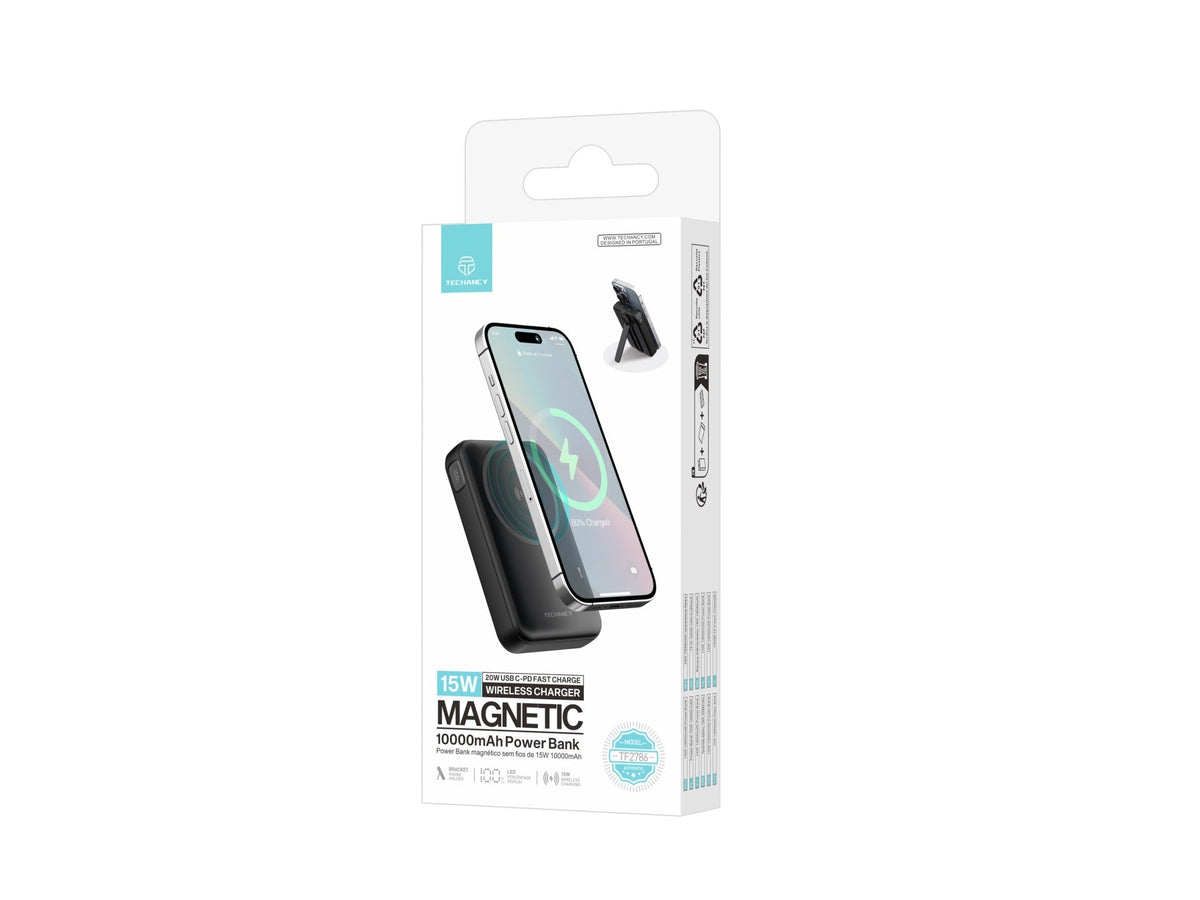 Techancy TF2786 Magnetic Power Bank 10000mAh – 15W Fast Wireless Charging, 20W PD, MagSafe Compatible, Built-in Stand, LED Display – Black