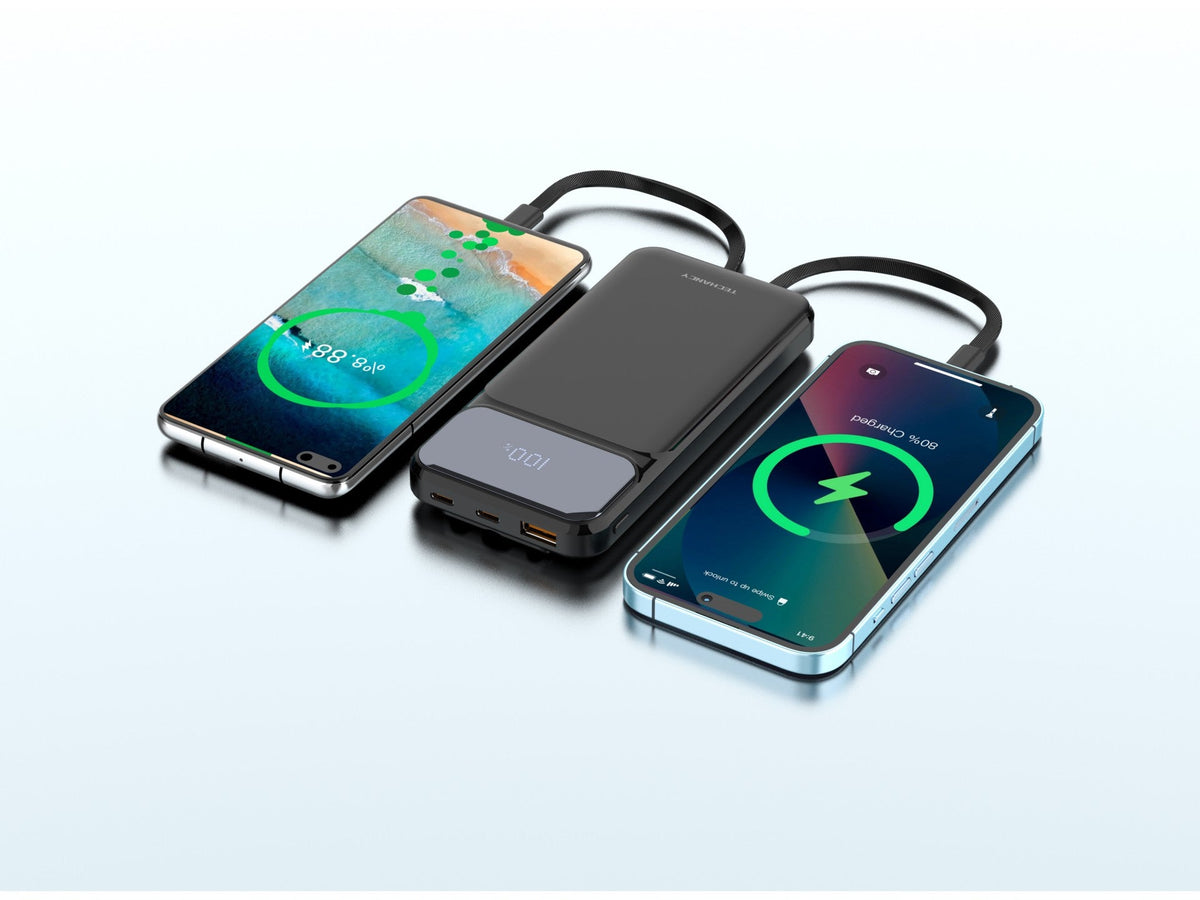 Techancy TF2782 10000mAh 22.5W Power Bank – Built-in 3-in-1 Type-C + Lightning + USB Charging Cables, Digital Battery Display