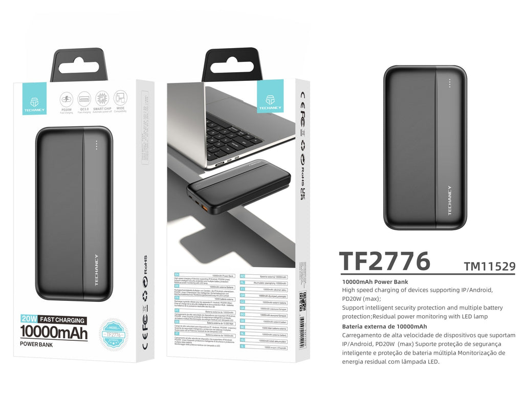Techancy TF2776 10000mAh Power Bank – Black, 20W PD Fast Charging for Smartphones, Tablets & More!