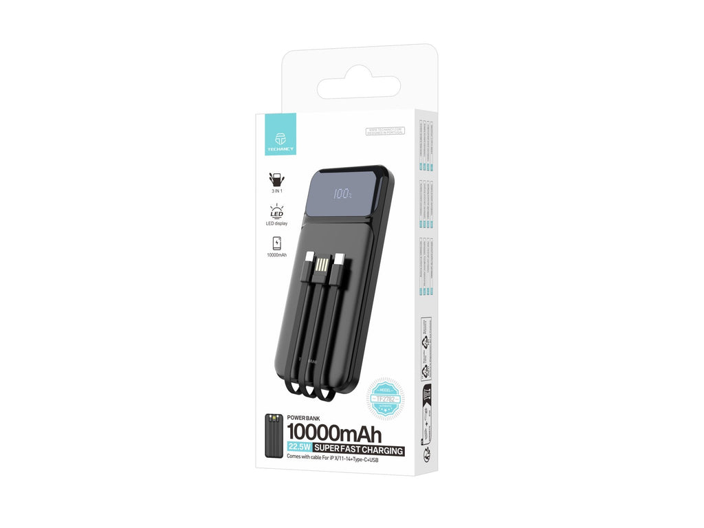 Techancy TF2782 10000mAh 22.5W Power Bank – Built-in 3-in-1 Type-C + Lightning + USB Charging Cables, Digital Battery Display