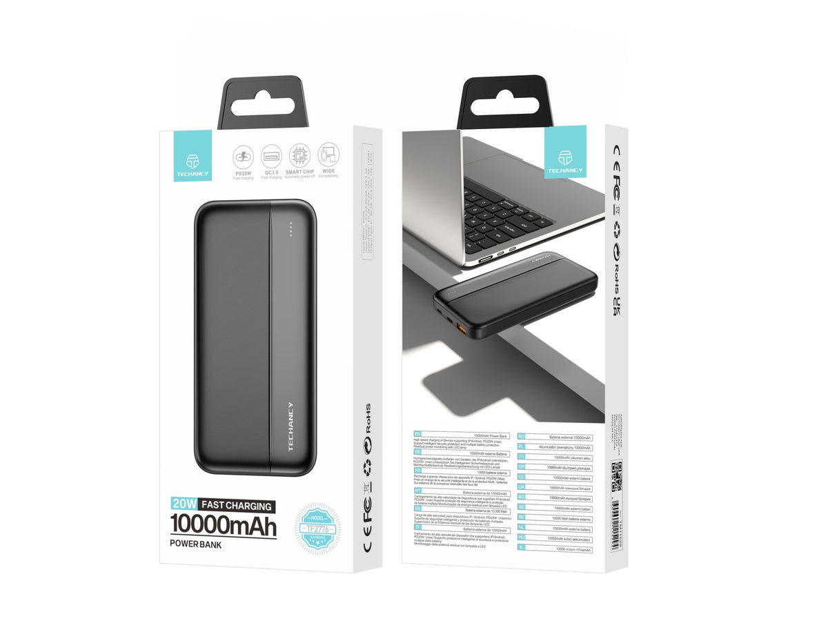Techancy TF2776 10000mAh Power Bank – Black, 20W PD Fast Charging for Smartphones, Tablets & More!