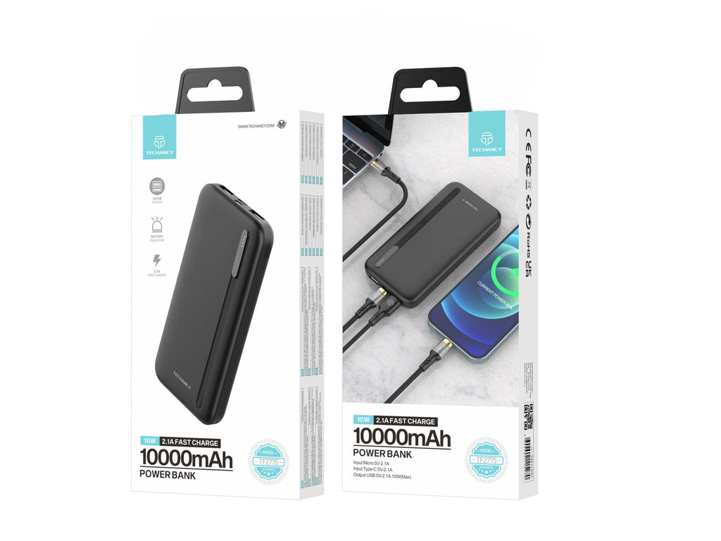 Techancy TF2775 10000mAh Power Bank – Black, 10W Fast Charging for Smartphones, Tablets & More!
